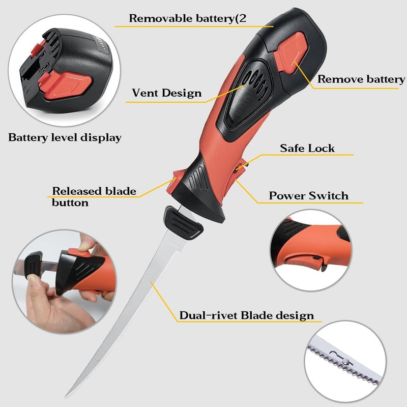 Pratuor Cordless Electric Fillet Knife - 5 Ti-Nitride Coated Non-Stick Blades, Ergonomic Non-Slip Grip Handle & Cooling Vent Stylish with Carry Bag ,Perfect Electric Knife for Effortless Fishing (Orange) - Image 3